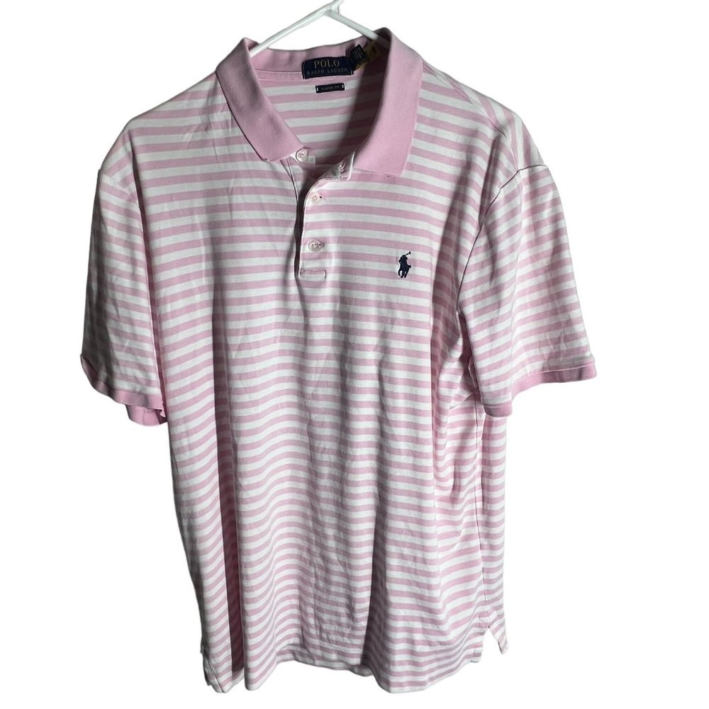 Polo Ralph Lauren Shirt Mens Large Short Sleeve Double Stripe pink white Pony
